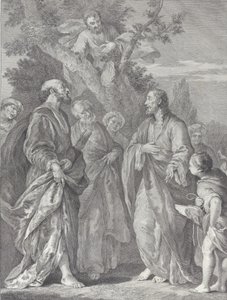 Obrácení Zachea, s Kristem vpravo oslovujícím celníka, který je sídlem..., 1730-39.