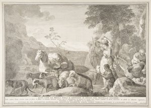 Ezau a jeho rodina se rozcházejí s Jákobem Ezau se svými manželkami syny a substancemi sepa ..., 1743-63. od Pietro Monaco
