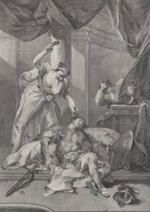Jael zatlouká stanový kolík do chrámu spícího Sisery, napravo se..., ca. 1730-39.