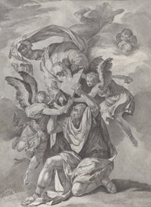 Mojžíš přijímá desky zákona od Boha, který sestupuje z nebes, z..., ca. 1730-39.