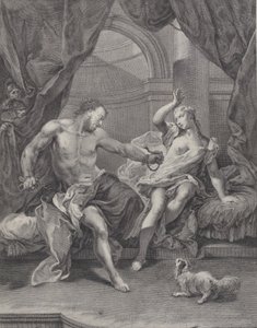 Samson a Delilah seděli na posteli, Samson trhal provazy, které mu svazovaly ruku..., ca. 1730-39. od Pietro Monaco