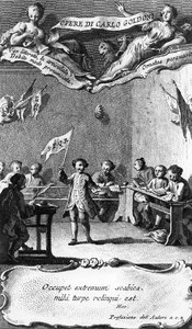 Carlo Goldoni mává vlajkou na oslavu ukončení svého roku na jezuitské škole v Perugii, z „Opere di Carlo Goldoni“, vyryl Antonio Baratti, 1761