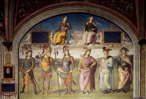 Alegorie odvahy a střídmosti se šesti antickými hrdiny od Pietro Perugino
