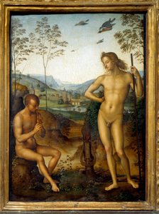Apollo a Marsyas „“ Marsyas hraje na flétnu před Apollónem, králem lyry, výzvou. Obraz Pietro Vannucci dit Il Perugino (Le Perugin) (1450-1523) Sun. 0,39 x 0,29 m od Pietro Perugino