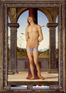 Umučení San Sebastiana Obraz od Pietra di Cristoforo Vannucci (Le Perugin nebo Il Perugino) (1446-1523) 16. století ne. 1,76x1,16 m - Umučení San Sebastianu (neboli sv. Sebastiána). Obraz od Pietra od Cristofora Vannucciho (Il Perugino nebo Le od Pietro Perugino