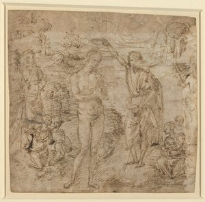 a) Křest Krista; b) Zahalená postava držící knihu a muž držící sekeru s postavou, asi 1475 (pero a hnědý inkoust) od Pietro Perugino