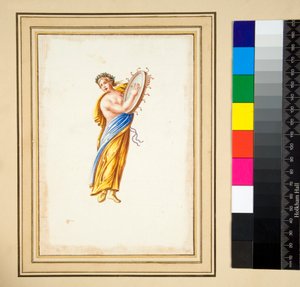 Zahalená postava tluče do bubnu (černá křída, některé s perem a hnědým inkoustem. obarvené akvarelem) od Pietro Santi Bartoli