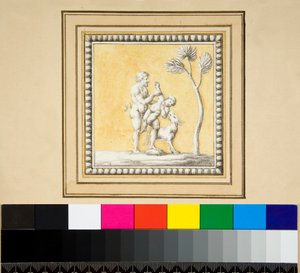 Tři stříbrné panely z přední části dřevěné truhly (černá křída, některé s perem a hnědým inkoustem. obarvené akvarelem) od Pietro Santi Bartoli