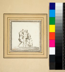 Tři stříbrné panely z přední části dřevěné truhly (černá křída, některé s perem a hnědým inkoustem. obarvené akvarelem) od Pietro Santi Bartoli