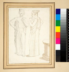 Dva pohledy na bronzovou sošku (pero a tužka) od Pietro Santi Bartoli