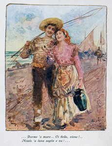 Zpátky z rybaření, ilustrace Pietro Scoppetta (1863-1920), Itálie, 20. století