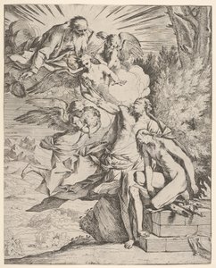 Obětování Izáka: anděl tlačí na rameno Abrahama nesoucího dýku, který ..., asi 1645-50. od Pietro Testa
