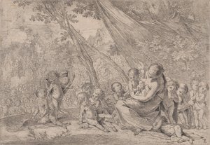 Zahrada lásky, žena představující Charitu vpravo obklopená dětmi, ..., ca. 1631-37. od Pietro Testa