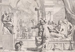 Marnotratný syn sedí na pohovce a podává víno, v pozadí veselí, mo..., ca. 1645. od Pietro Testa