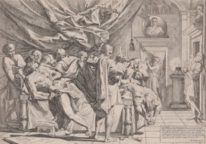 Sebevražda filozofa Cata, který leží na posteli a vytahuje si vnitřnosti, sledoval b..., 1648.