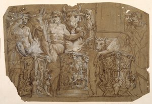 Starožitná oběť a svatba Persea a Andromedy, po Polidoro da Caravaggio (kolem 1499-1543) (pero a hnědý inkoust s hnědým povrchem zvýrazněným bílou barvou těla přes předběžné úpravy černou křídou na papíře umytém na hnědo) od Pietro da Cortona