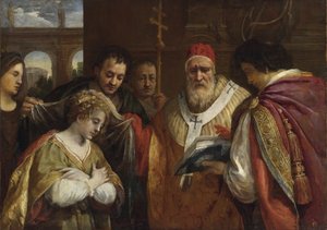 Flavia Domitilla (zemřela po roce 95) přebírající závoj od papeže Klementa I. - Svatá Domitilla přebírající závoj od papeže Klementa I. Cortona, Pietro da (1596-1669). Olej na plátně, rozměr: 123x172,7, , Soukromá sbírka