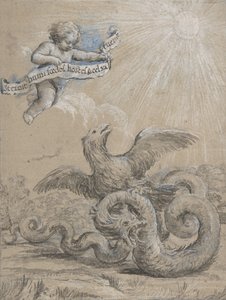 Design s orlem bojujícím s hadem a puttem na obloze Holding..., 17. století. od Pietro da Cortona