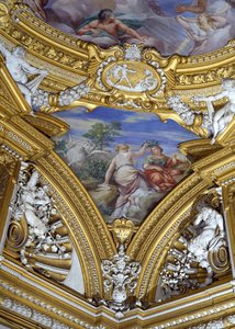 Sala di Apollo Hall of Apollo detail pendantu zobrazujícího múzy Calliope a Melpomene, freska kolem roku 1647 od Pietro da Cortona