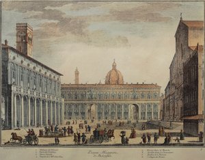 Itálie, Bologna, Piazza Maggiore nebo Piazza Grande, Pio Panfili, rytina od Pio Panfili