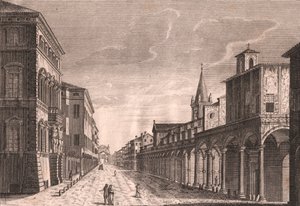 Pohled na Strada Maggiore v Bologni, Emilia-Romagna, Itálie, mědirytina C Lambertini podle kresby Pio Panfili (1723-1812), cca 13,5x19 cm od Pio Panfili