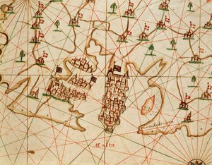 Ostrov Malta, z portolánského atlasu sestávajícího ze šesti map, od Placida Caloira a Francesca Olivy, Pergamen. 1646.
