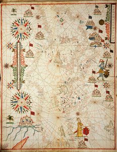 Středozemní moře, z portolánového atlasu šesti map, Placido Caloiro a Francesco Oliva, Pergamen. 1646.