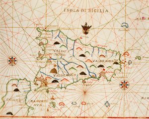 Sicílie z portolánského atlasu sestávajícího ze šesti grafů od Placida Caloira a Francesca Olivy, Pergamen. 1646.