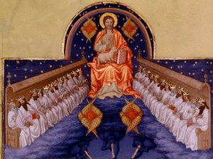 Svatý Jan a Patmos. “” Miniatura v “” Velmi bohaté hodiny vévody z Berry”” od Pol De Limburg (15. století). Chantilly, Musee Conde