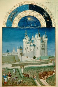 září: sklizeň. V pozadí hrad Saumur miniaturní vlámský od Pol De Limburg (15. století) z rukopisu „Velmi bohaté hodiny vévody z Berry““