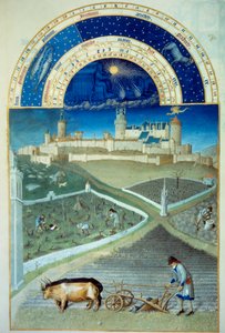 Měsíc březen: orba V popředí zemědělské práce, rolníci orající pole, velikost vinné révy, dole hrad Lusignan - Miniatura v „“ Les tres riches heures du Duke de Berry““ od Pol De Limburg (15. století) - C