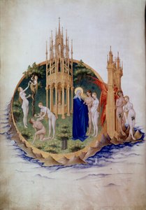 Prvotní hřích, Adam a Eva vyloučeni z miniatury ráje v „Velmi bohaté hodiny vévody z Berry“ od Pol De Limburg (15. století). Chantilly, Musee Conde