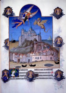 Pohled na Mont Saint Michel (Mont-Saint-Michel): archanděl Saint Michel a dračí křídlo jsou znázorněny bojujícími ve vzduchu. Vlámská miniatura z Pol de Limburg z „Knihy dobrých Maurů“ od Jacquese Velikého (1360-1415/1418), věnovaná Janovi