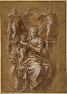 Madonna s dítětem trůnící (pero a hnědý inkoust s barvou těla na papíře) od Polidoro da (follower of) Caravaggio