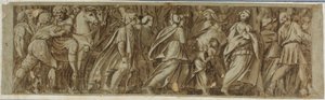 Sabines překračuje řeku Tiber, aby se zúčastnil římských her od Polidoro da Caravaggio