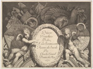 Titulní strana Divers Trophées Weapon Trophies po fasádě Palazzo Milesi v Římě, 1651 od Polidoro da Caravaggio