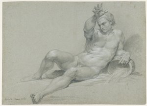 Studie aktu ležícího mužského modelu se zdviženou pravou paží v póze antického říčního boha, šikmý pohled zleva od Pompeo Girolamo Batoni