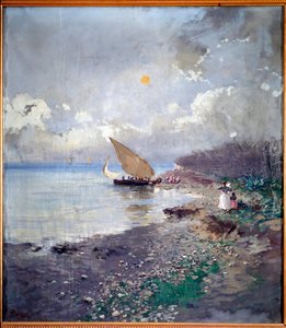Návrat z rybolovu Obraz moře od Pompea Marianiho (1857-1927) 1898 Rozměr 115x100 cm Genes, Galleria d