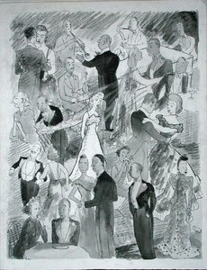 Jdeme tančit do Londýna (pero, inkoust a monochromatický akvarel na papíře) od Pont