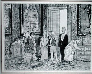 Britská postava: velký zájem o historické domy, ilustrace z Punch, publikovaná 8. července 1936 (pero a inkoust na papíře) od Pont