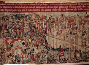 Conquete of Africa: “” Zajetí Asilah (Arzila) v Maroku v roce 1471 portugalským loďstvem””” Fragment tapisérie portugalské školy 16. století. Lisabon, Národní muzeum starověkého umění od Portuguese School