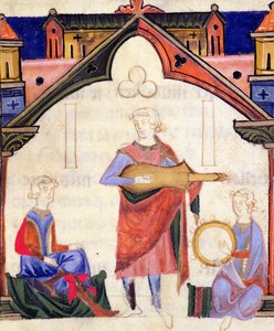Fol.12v Hudebníci hrající na kytaru a tamburínu od Chansonnier des Nobles od Portuguese School