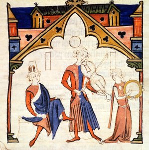Fol.6r Hudebníci hrající na violu a tamburínu, od Chansonnier des Nobles od Portuguese School