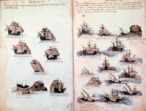 Rukopisná strana „“ Památníky portugalských armád za krále Manuela I. (1469-1521)““ představující portugalská loďstva. 1523 B.N. Paříž od Portuguese School