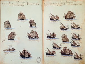 Rukopisná stránka „“ Památníky portugalských armád za krále Manuela I. (1469-1521)““ představující portugalská loďstva od Portuguese School