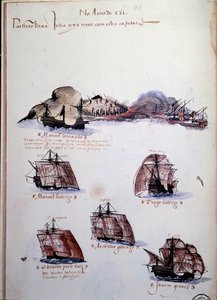 Rukopisná strana „“ Vzpomínky na portugalskou armádu za krále Manuela I. (1469-1521)“ představující portugalské loďstvo roku 1497. 1500 Lisabon, Národní muzeum antického umění od Portuguese School