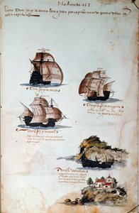Rukopisná strana „“ Vzpomínky na portugalskou armádu za krále Manuela I. (1469-1521)“ představující portugalské loďstvo roku 1497. 1500 Lisabon, Národní muzeum antického umění od Portuguese School