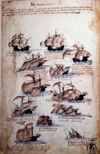 Rukopisná strana „“ Vzpomínky na portugalskou armádu za krále Manuela I. (1469-1521)“ představující portugalské loďstvo roku 1497. 1500 Lisabon, Národní muzeum antického umění od Portuguese School