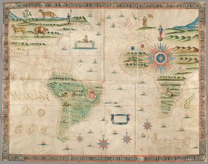 Mapa západní Evropy, Afriky a Ameriky, s kresbami hor, zvířat atd. Joseph da Costa e Miranda od Portuguese School