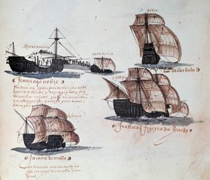 Památníky portugalské armády za krále Manuela I. (1469-1521): reprezentace karavel portugalského loďstva. Miniatura z rukopisu z roku 1497. Lisabon. Národní muzeum starověkého umění od Portuguese School
